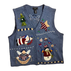 Christmas Sweater Vest America USA Snowman Santa Star Angel Blue Sz 3X Granny